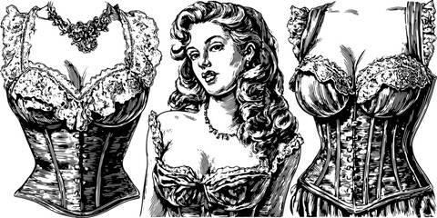 Engraving print of vintage corsets and lingerie. Detailed black outline vector illustration showcasing retro fashion style set.