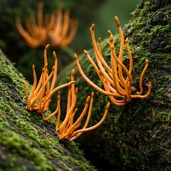 Wild-looking Cordyceps mushrooms growing out of a dark, moss-covered tree trunk or branch in a natural, humid forest environment.