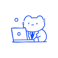 Bear in suit working on laptop in blue outline drawing