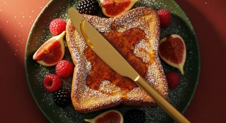 Gourmet French toast with maple syrup and powdered sugar. Fresh berries and figs on an elegant plate. Delicious brunch or dessert presentation. Top view food styling for culinary content
