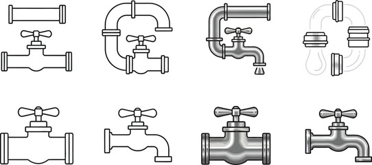 Collection of plumbing fixtures, pipes, and faucets for water systems
