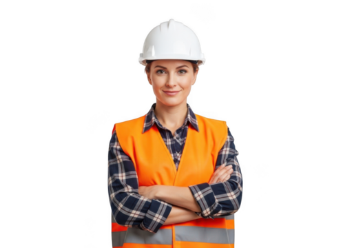 Professional female construction worker wearing hard hat and high visibility vest with arms crossed isolated on transparent background