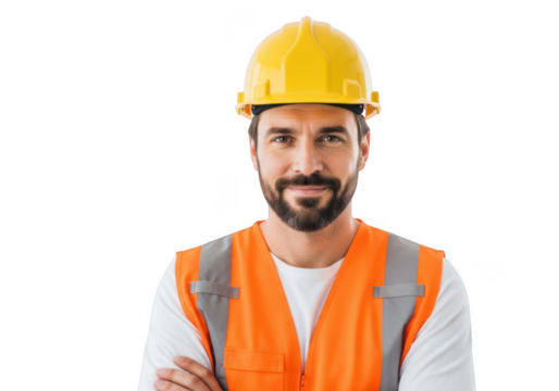 Portrait of a bearded construction worker wearing a yellow hard hat and orange safety vest with arms crossed isolated on transparent background
