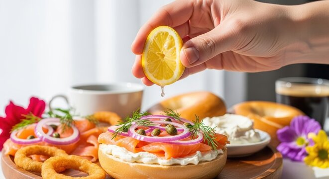 Gourmet lox and cream cheese bagel with fresh toppings. Hand squeezing lemon juice over smoked salmon. Delicious brunch platter with coffee. Restaurant menu concept for cafe breakfast