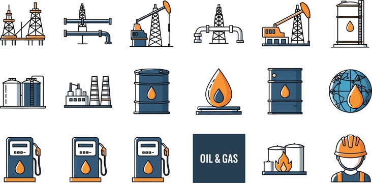 Collection of diverse oil and gas industry icons for energy sector concepts.