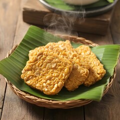 fried tempe on banana leaves plate