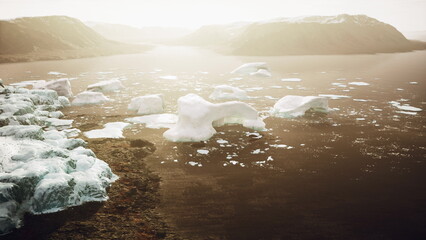 Icebergs drift peacefully in a glacial lake surrounded by rugged mountains. The soft light of dawn casts a golden glow, highlighting their shapes and textures. © icetray