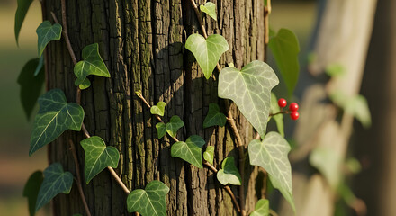 Close up of a tree trunk with ivy growing on it and a few red berries in the background outdoors