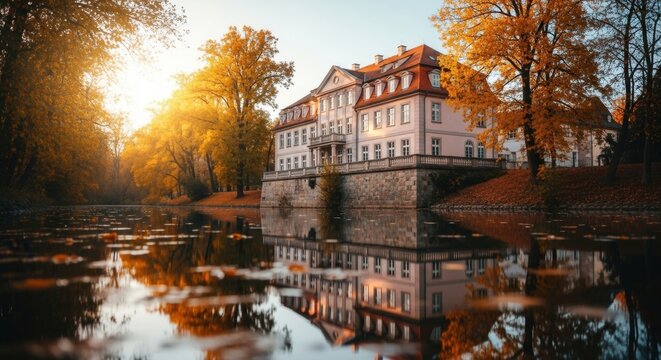 Historic manor house on a tranquil lake. Elegant European architecture with golden autumn foliage. Picturesque water reflection for luxury real estate and travel concepts - Powered by Adobe