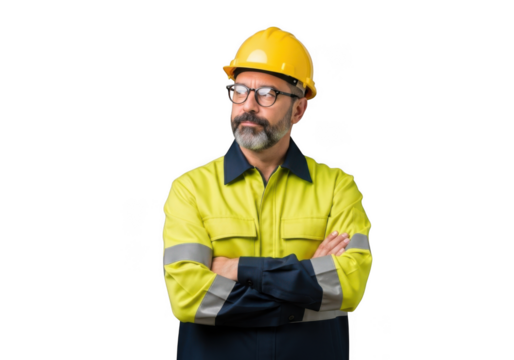 Mature bearded man wearing yellow safety vest and hard hat with arms crossed looking away isolated on transparent background - Powered by Adobe