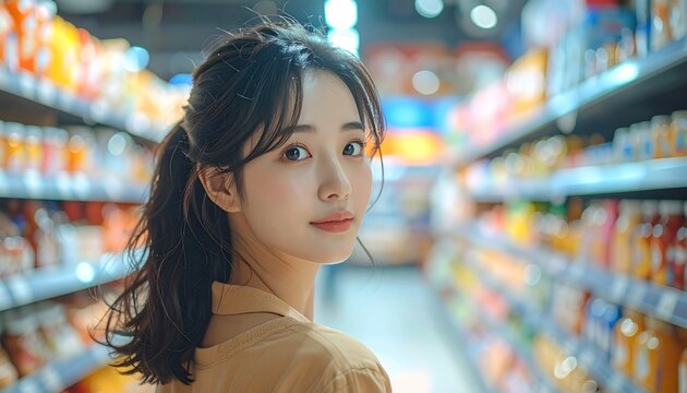 Portrait of woman in a grocery store aisle, glancing at camera