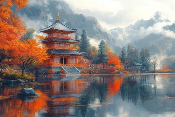 Obraz premium Serene autumn scene with a traditional pagoda surrounded by colorful trees and tranquil lake reflections in a mountainous landscape