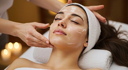 Woman receiving facial treatment with cream and candles