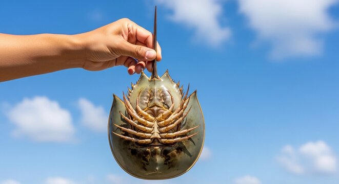 Hand Holds an Ancient Creature Marine Biology Wonders Conservation Efforts Focus on Horseshoe Crab Species Protecting Ocean Biodiversity Educational Experiences Learning Outdoors