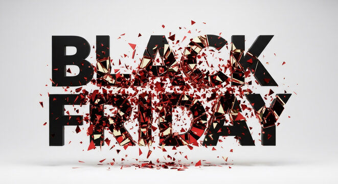 Black Friday text with exploding and shattered red and gold glass fragments. Concept of discount, sale, and profitable shopping for holiday promotion.