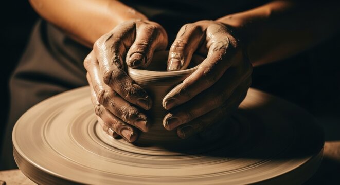 Artisan hands shaping wet clay on a spinning pottery wheel. Handmade ceramic creation process in a workshop. Close up detail of traditional craftsmanship and a creative hobby - Powered by Adobe