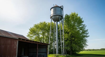 Vintage metal water tower on a rural farm. Agricultural infrastructure for water supply and irrigation. Rustic red barn in a countryside landscape. American heartland farming concept