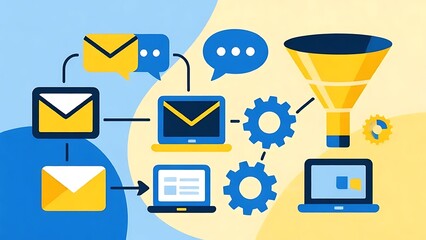 Abstract illustration of automated marketing workflow — email icons, chatbot bubbles, funnel shapes, gears connecting different digital tools, clean .