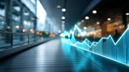 A sleek office interior features a dynamic financial chart, symbolizing innovation and market trends. Blurred lights and digital analytics create a high tech, professional atmosphere - Powered by Adobe