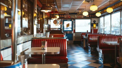 A retro diner interior with red booths, checkered floor, and vintage decor. Large windows provide natural light, creating a nostalgic atmosphere.