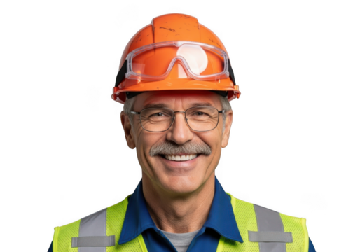 Smiling middle aged construction worker wearing safety glasses and high visibility vest isolated on transparent background - Powered by Adobe