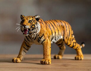 Realistic toy tiger with open mouth in a walking pose on wood