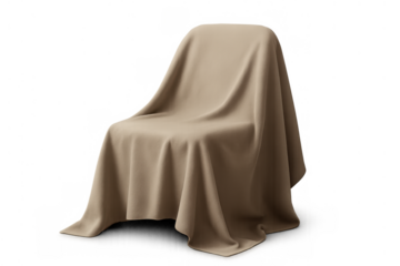 Chair covered by beige fabric cloth on a transparent background, creating a concept of mystery, presentation, and hidden object unveiling