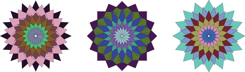 Colorful geometric mandala flower designs in abstract vector style, featuring layered symmetry, bright vibrant patterns, and artistic shapes &mdash; perfect for digital art, backgrounds, and decoration.