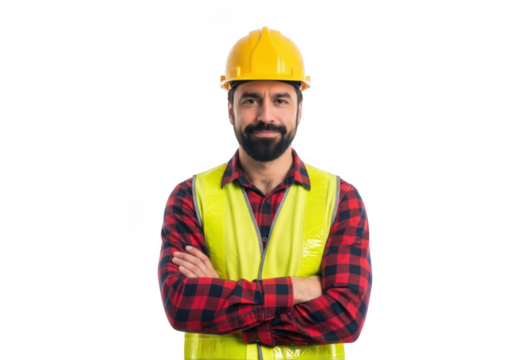 A confident construction worker wearing a yellow hard hat and a bright yellow safety vest with arms crossed isolated on transparent background