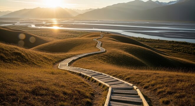 A long winding boardwalk representing a life journey. Strategic path to success and future goals. Scenic hiking trail in a mountain valley with golden hour sunlight