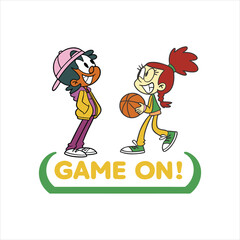 Naklejka premium Cartoon Kids Playing Basketball with Game On Text Illustration