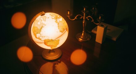Illuminated world globe on a vintage desk. Global business and travel concept. Warm atmospheric lighting for study and exploration. International relations and geography
