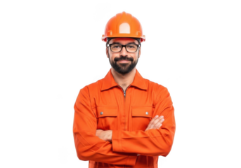 Smiling construction worker wearing an orange uniform and protective helmet with arms crossed isolated on transparent background