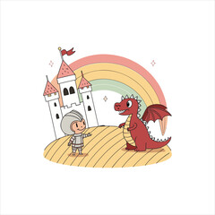 Cute Cartoon Knight and Dragon with Castle and Rainbow — Fantasy Fairytale Illustration for Kids
