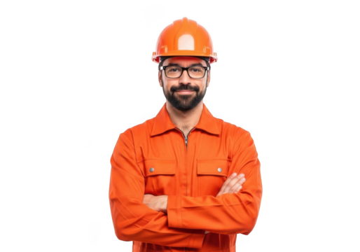Smiling construction worker wearing an orange uniform and protective helmet with arms crossed isolated on transparent background