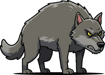 Cartoon wolf illustration, aggressive animal vector, snarling face artwork, defensive stance pose, gray fur design, wilderness creature sketch