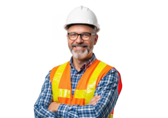 Experienced bearded man wearing safety hard hat and high visibility vest with arms crossed smiling isolated on transparent background
