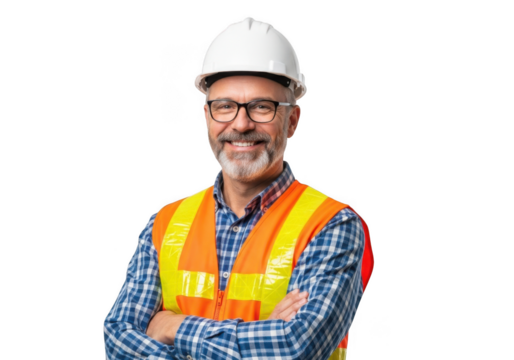 Experienced bearded man wearing safety hard hat and high visibility vest with arms crossed smiling isolated on transparent background