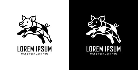 A logo design in the form of a jumping pig with a semi-modern line art style