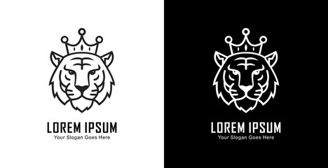 A logo design in the form of a tiger's head wearing a crown in a semi-modern line art style