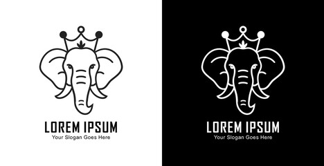 Logo design in the form of an elephant's head wearing a crown in a semi-modern line art style