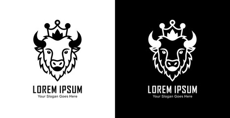 Logo design in the form of a bison head wearing a crown in a semi-modern line art style