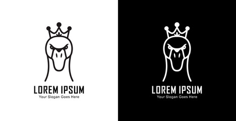 A logo design in the shape of a duck's head wearing a crown in a semi-modern line art style