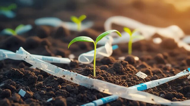 Close-up of a green sprout growing in soil filled with plastic waste, environmental pollution and hope, sunlight shining in the background
