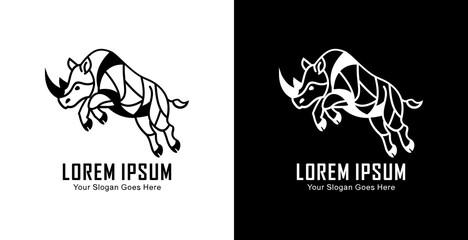 A logo design in the form of a jumping rhinoceros with a modern semi-line art style