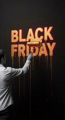 Man painting gold Black Friday text on a dark wall with a roller, conceptualizing holiday sale and shopping event.