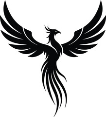 Phoenix silhouette illustration, mythological bird vector, black wings spread, rebirth symbol, fierce creature, symmetrical design, sharp feather artwork