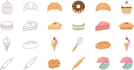 A delightful collection of baked goods and dessert illustrations, perfect for culinary themes.