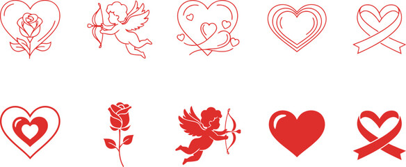 Collection of romantic red hearts, roses, and cupids for Valentine's Day