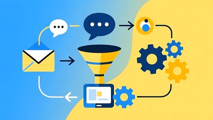Abstract illustration of automated marketing workflow — email icons, chatbot bubbles, funnel shapes, gears connecting different digital tools, clean .